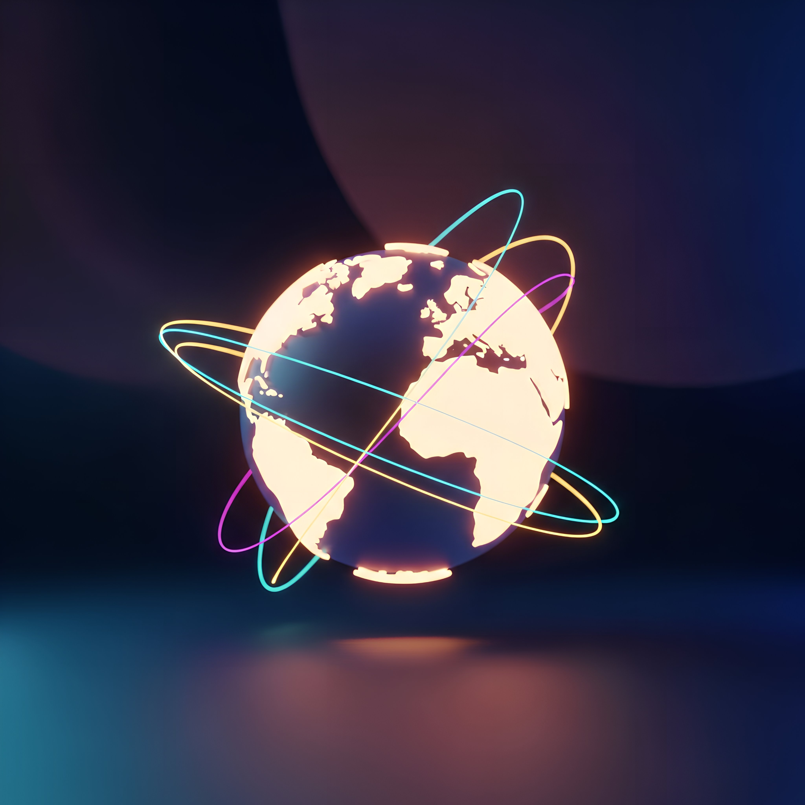 Illustration d'un globe terrestre illuminé avec des lignes représentant des orbites, symbolisant la gestion du risque de change et les stratégies internationales pour le podcast Ambriva.