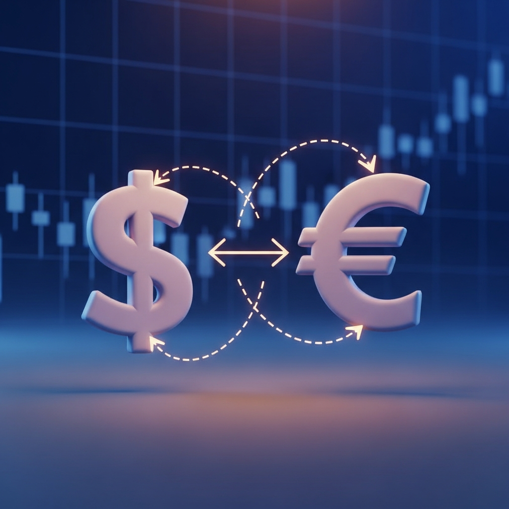 Symboles du dollar américain et de l'euro avec des flèches bidirectionnelles au-dessus d'un graphique financier, représentant les fluctuations des devises et la gestion des risques de change, thème central du Podcast Ambriva.