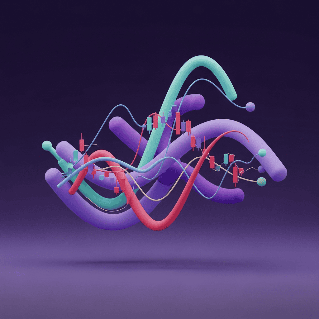 Illustration abstraite de graphiques financiers en 3D avec courbes colorées et chandeliers, sur un fond violet, évoquant la gestion du risque de change et les stratégies internationales.