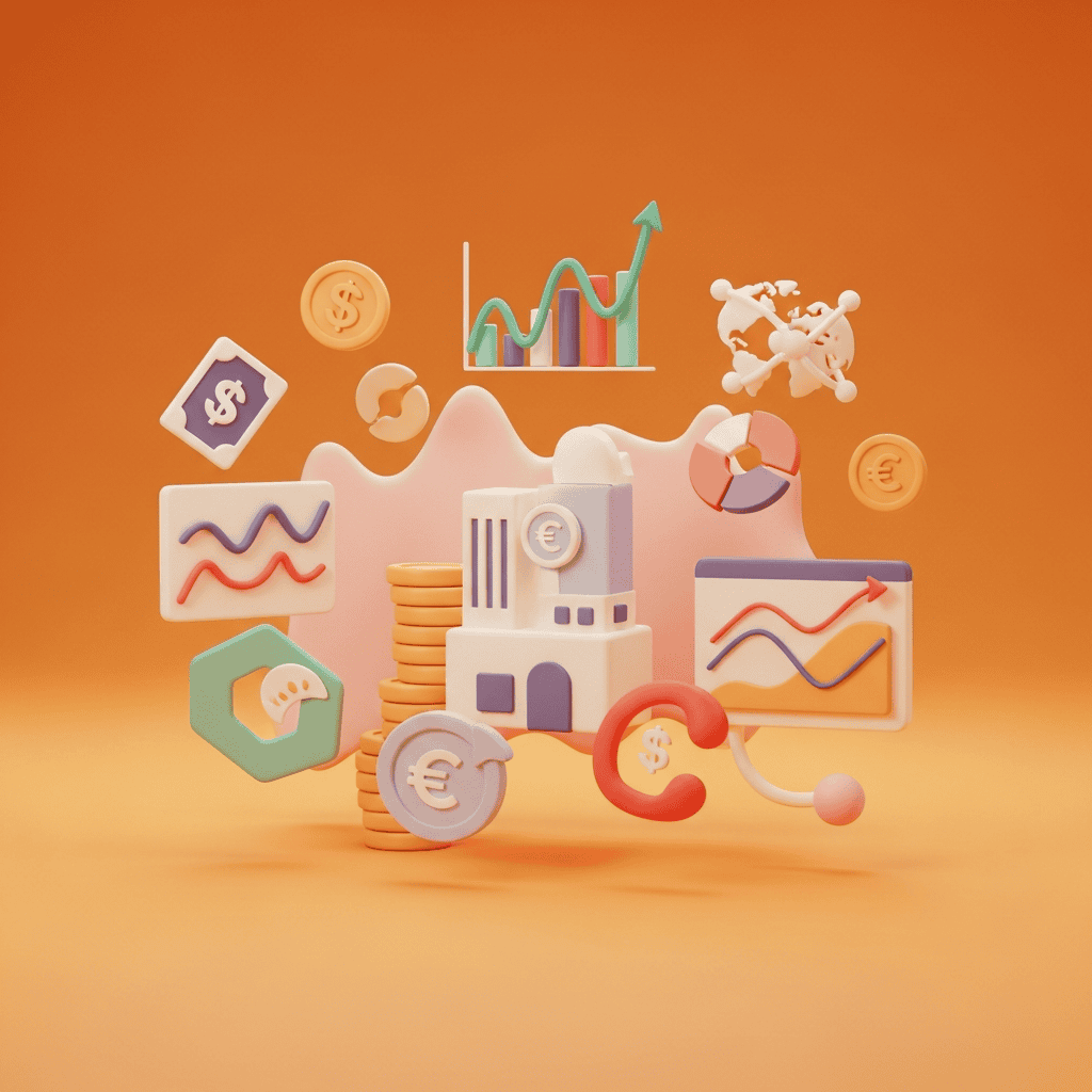 Illustration en 3D d'éléments financiers tels que des graphiques, des pièces avec les symboles euro et dollar, et une structure représentant une banque, sur un fond orange. Représentation créative des concepts de gestion du risque de change et de stratégies financières internationales.