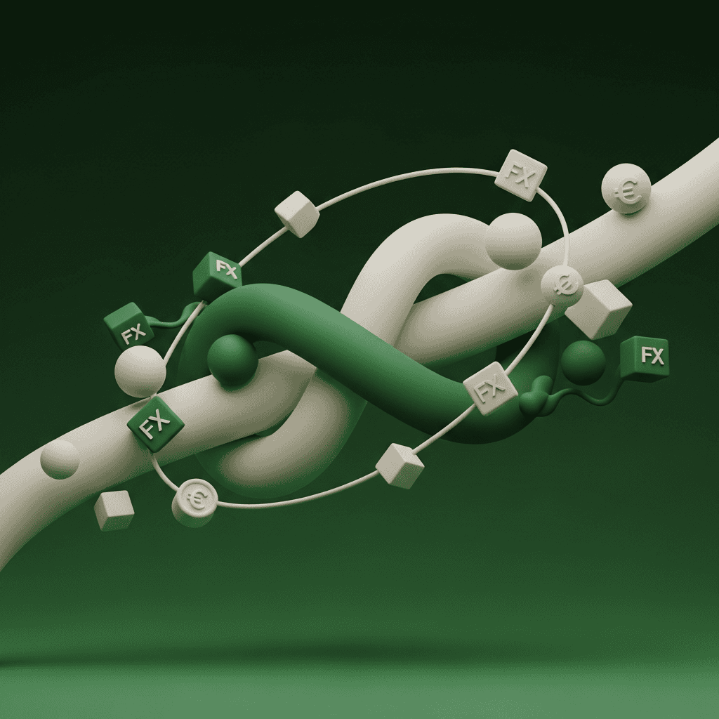 Illustration abstraite avec deux cordes entrelacées, représentant les échanges Forex avec des cubes 'FX' et des symboles monétaires, sur fond vert.