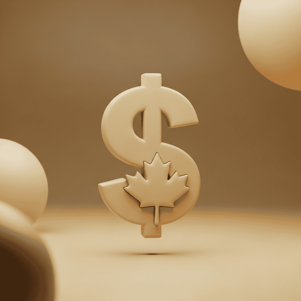 Symbole dollar beige avec une feuille d'érable en relief, représentant le dollar canadien, flottant sur un fond beige. Illustration liée à la gestion du risque de change et stratégies internationales.