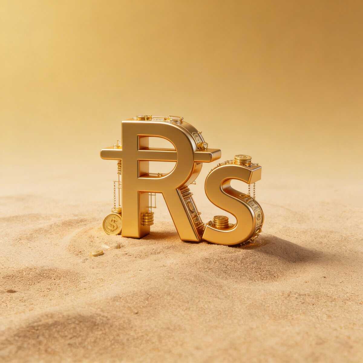 Lettrage doré 'Rs' sur fond de sable, symbolisant les devises et la richesse dans le contexte de la gestion du risque de change et des stratégies internationales.