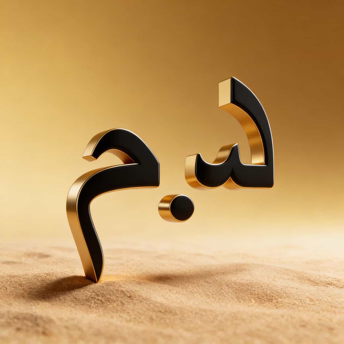 Lettrage arabe doré et noir flottant au-dessus du sable, sur un fond doré lumineux.