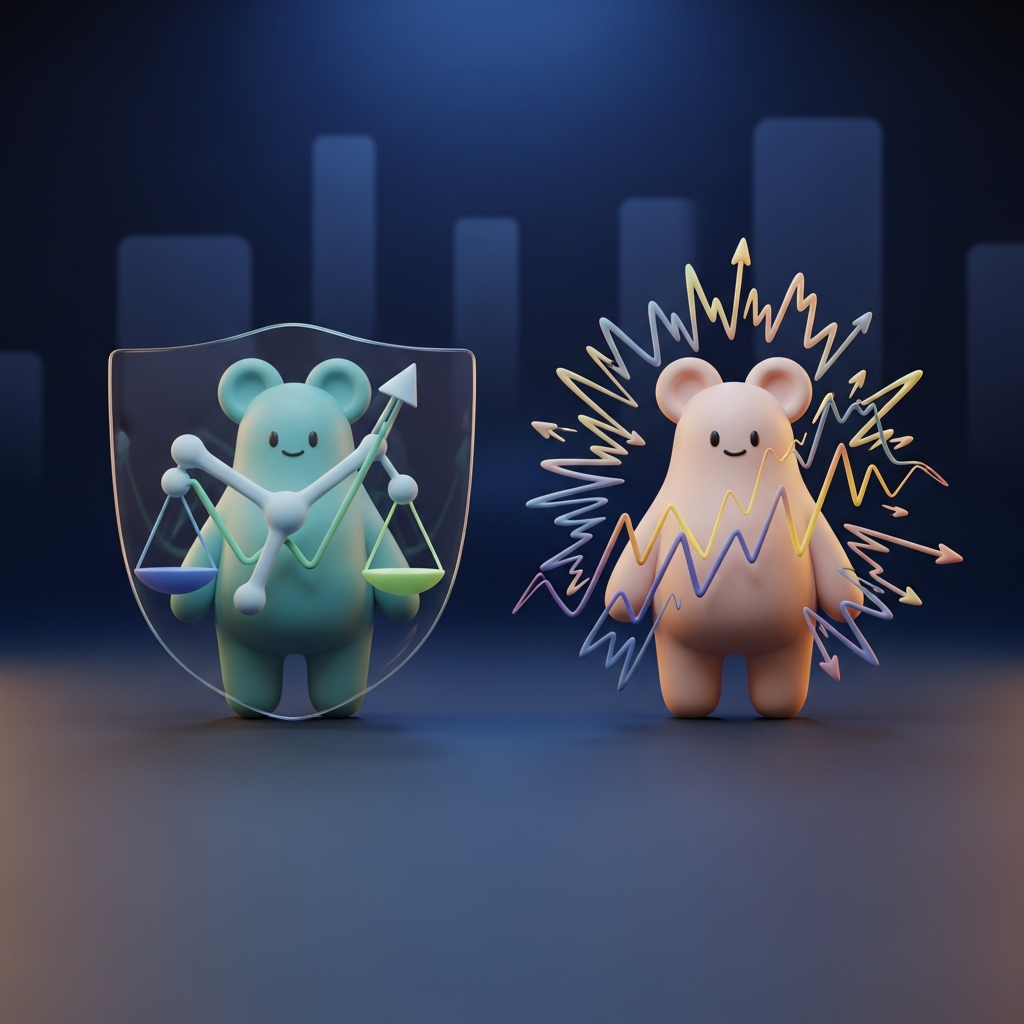 Deux personnages mignons, l'un derrière un bouclier avec une balançoire et des flèches symbolisant la gestion du risque, et l'autre entouré de lignes graphiques colorées reflétant les fluctuations financières. Illustration sur le thème de la finance et de la gestion du risque de change.