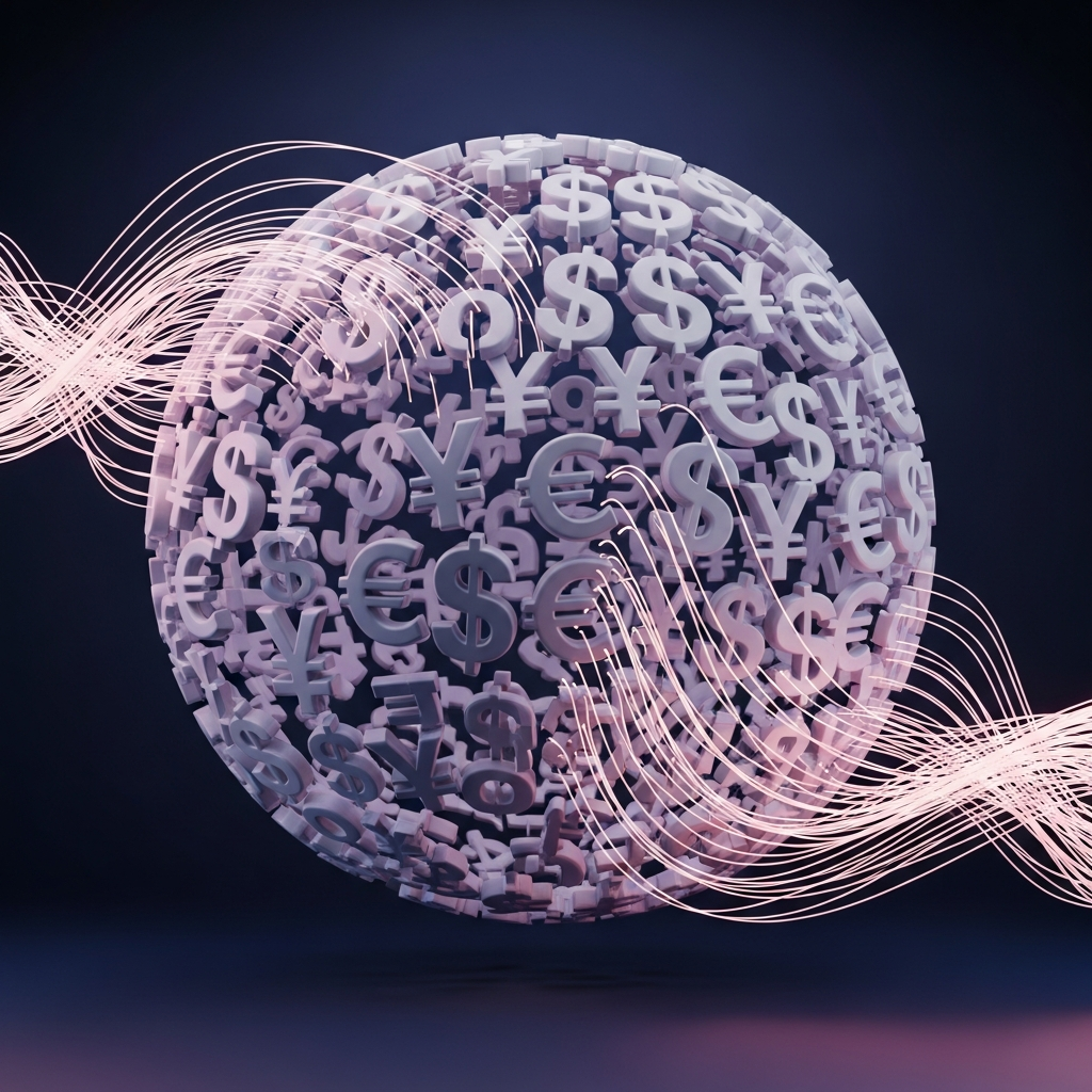 Sphère faite de symboles monétaires internationaux tels que dollar, euro, yen et livre sterling, entourée de lignes de flux lumineuses sur un fond sombre, illustrant la gestion du risque de change et les stratégies internationales.