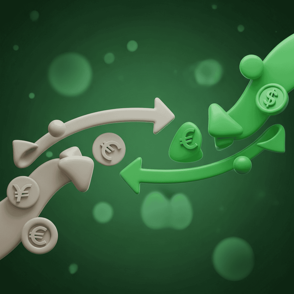 Illustration de flèches sculpturales avec des symboles de devises, comme l'euro et le dollar, sur un fond vert. Concept de gestion du risque de change et stratégies internationales.