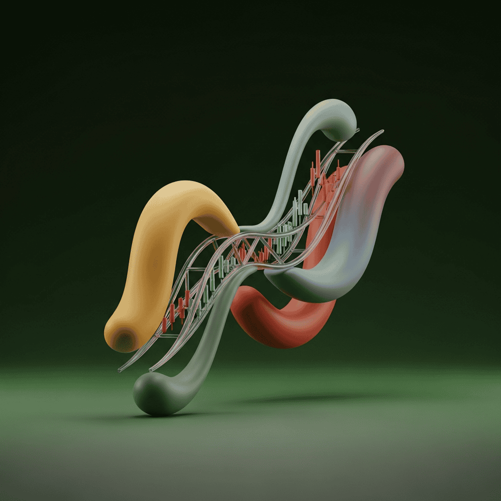 Illustration abstraite représentant des formes organiques multicolores entrelacées avec des graphiques financiers, symbolisant la gestion du risque de change et les stratégies internationales.