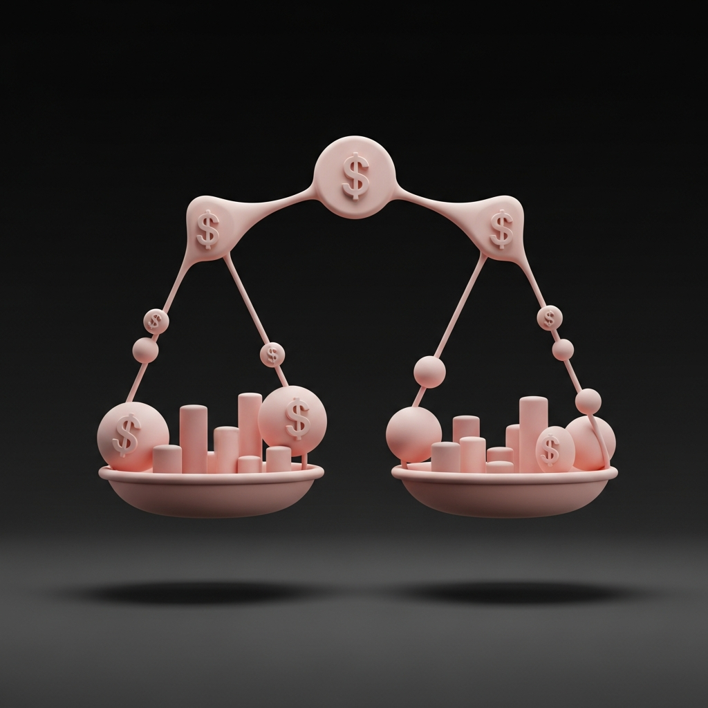 Balance abstraite en rose avec symboles de dollars et graphiques en 3D, illustrant l'équilibre et la gestion du risque de change.