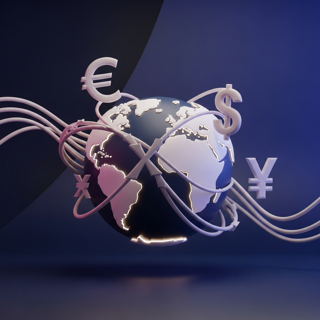 Illustration d'une planète entourée de symboles monétaires comme l'euro, le dollar et le yen, avec des lignes représentant le flux financier, symbolisant la gestion du risque de change et les stratégies internationales.