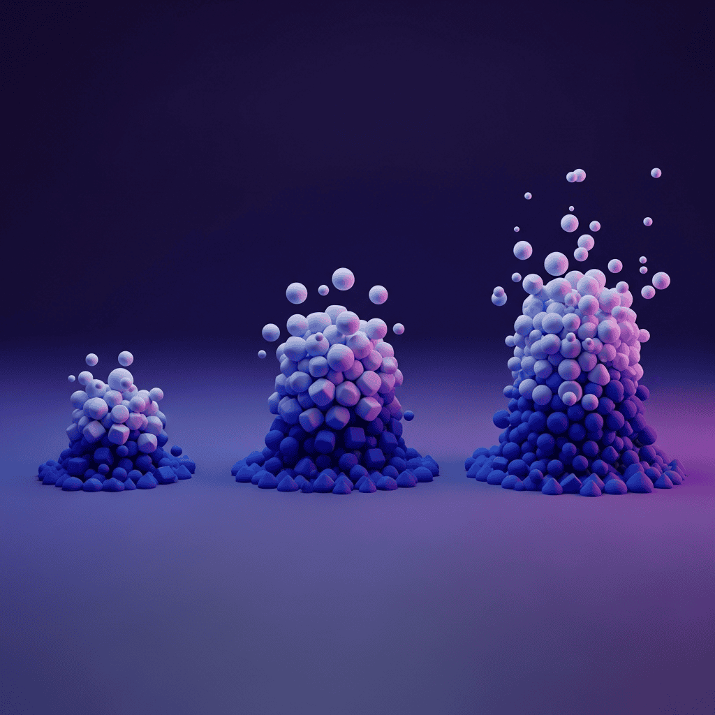 Illustration abstraite représentant trois piles de sphères et de cubes en dégradé de bleu et violet, symbolisant des concepts financiers et les stratégies internationales.