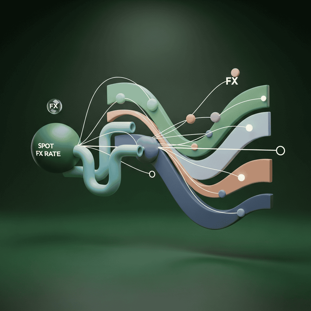 Illustration 3D montrant des flux et des courbes dynamiques symbolisant les taux de change du marché des devises, avec l'inscription 'Spot FX Rate', représentant le thème du podcast sur la gestion du risque de change et les stratégies internationales.