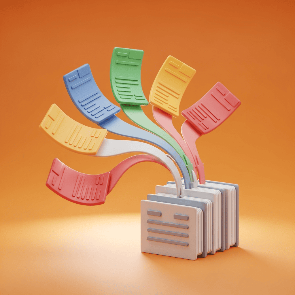 Illustration 3D colorée représentant plusieurs éléments semblables à des cartes dans différentes couleurs vives (bleu, vert, jaune, orange, rouge) émergeant d'une base carrée sur fond orange, symbolisant la diversité et la stratégie dans la gestion du risque de change.