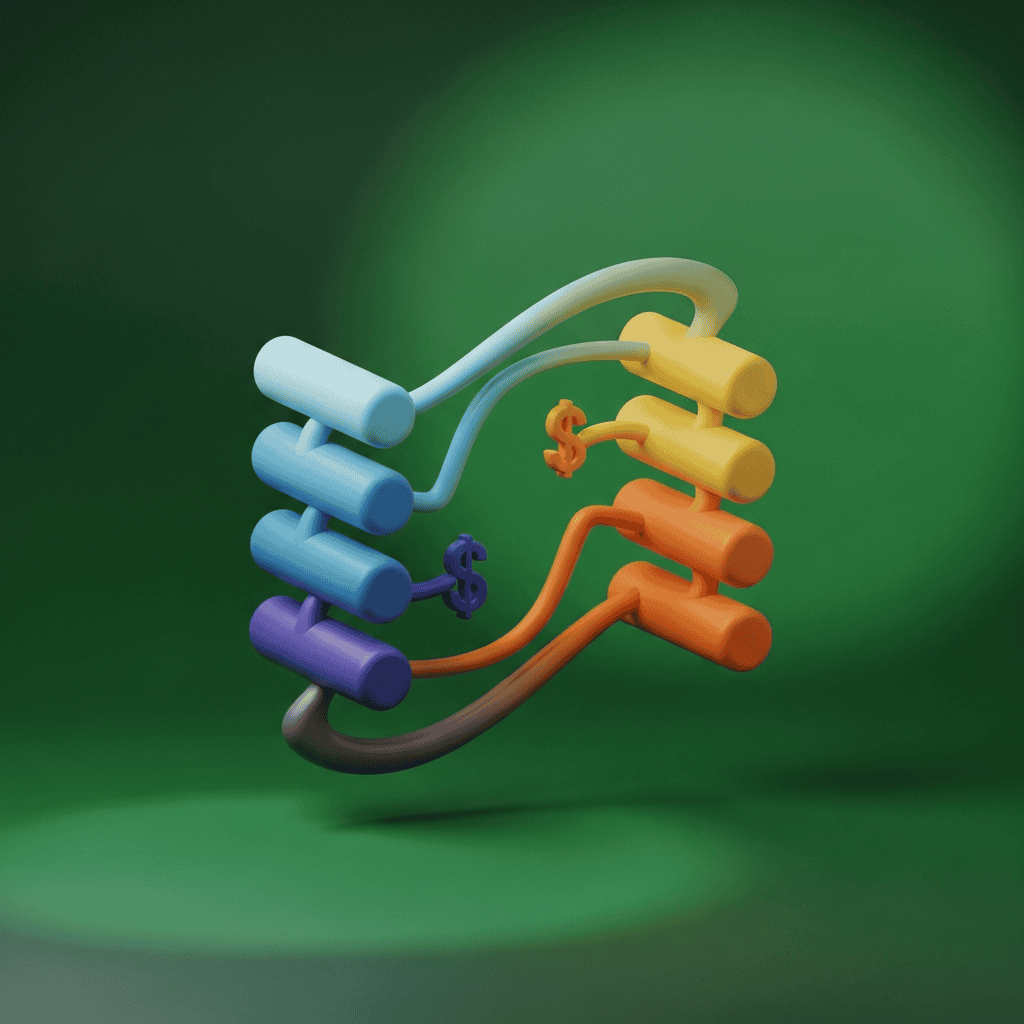 Illustration conceptuelle de symboles monétaires multicolores entrelacés, représentant la gestion du risque de change et les stratégies financières internationales, sur fond vert.