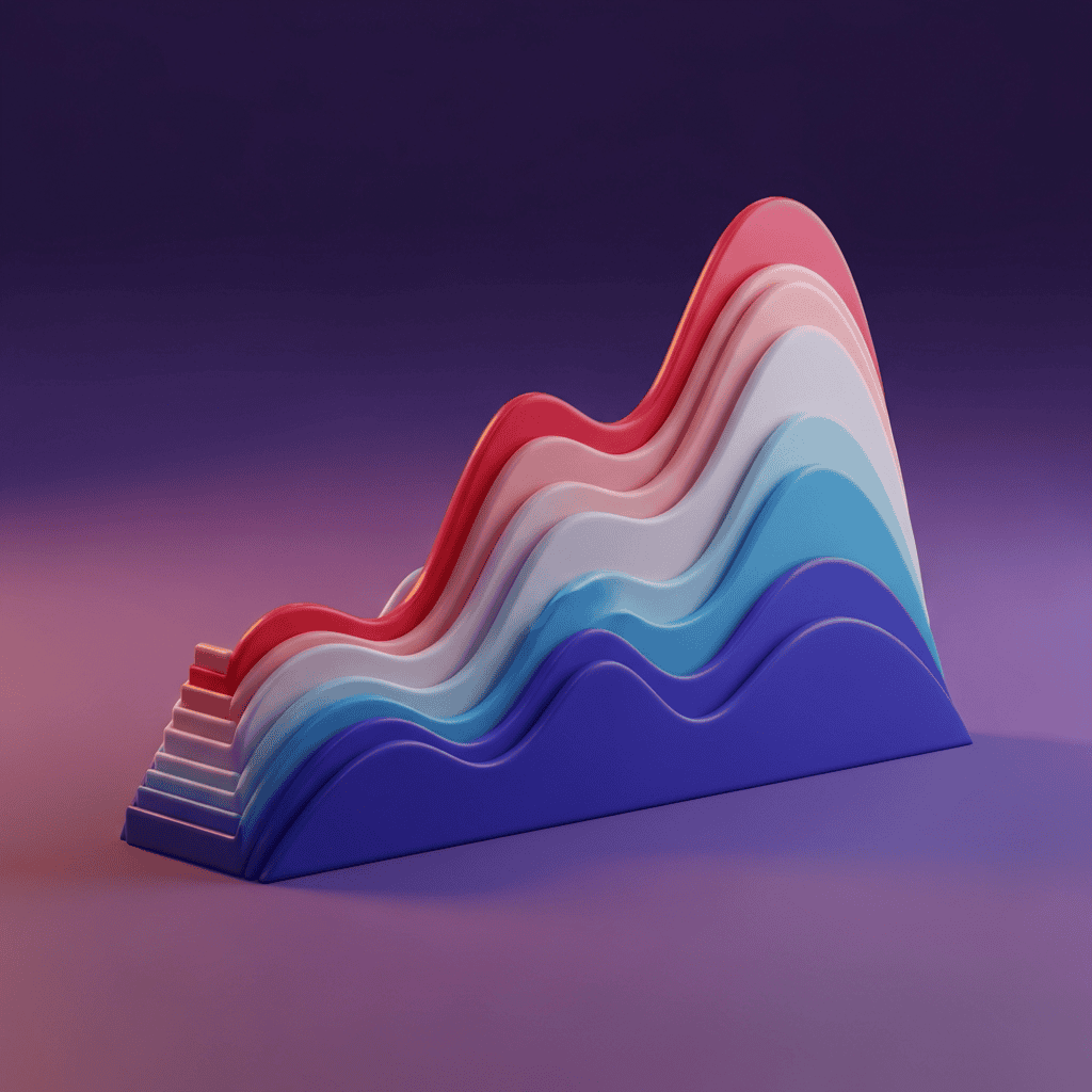 Illustration colorée représentant des vagues stylisées empilées dans des teintes de rouge, rose, blanc, bleu et violet, sur un fond dégradé violet et rose, symbolisant les tendances et les stratégies internationales.