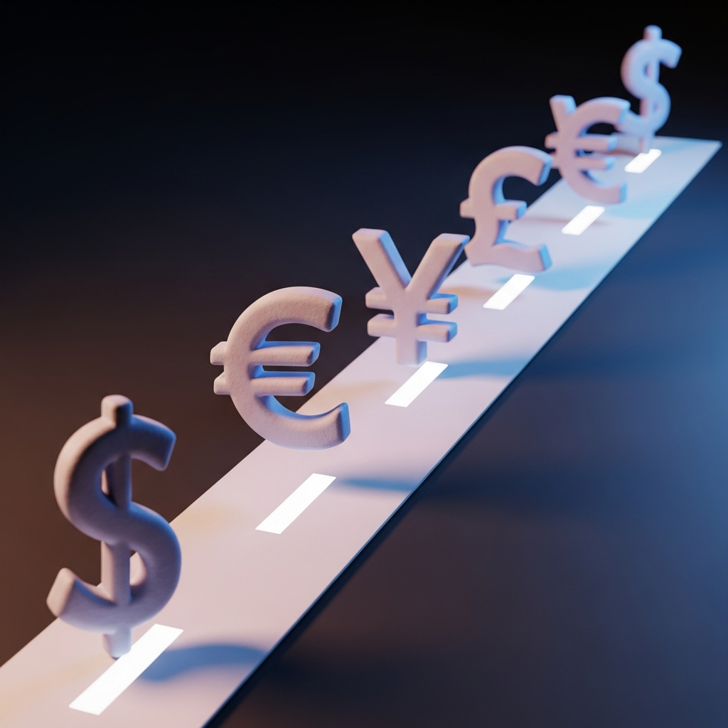 Symboles de devises internationales dont le dollar, l'euro, le yen et la livre sterling, alignés sur une route éclairée, illustrant la gestion du risque de change.