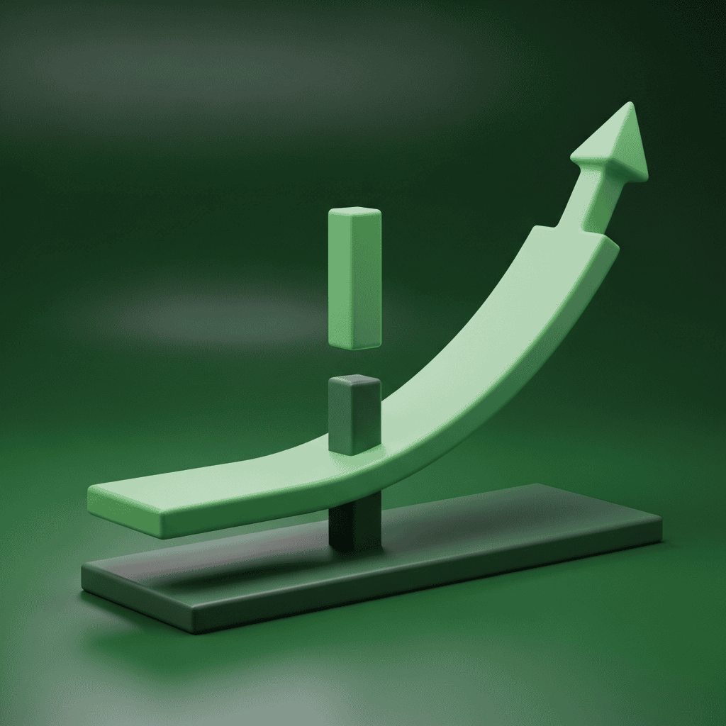 Illustration 3D montrant une flèche verte ascendante symbolisant la croissance économique sur un fond vert, représentant la gestion du risque de change et les stratégies internationales pour le Podcast Ambriva.