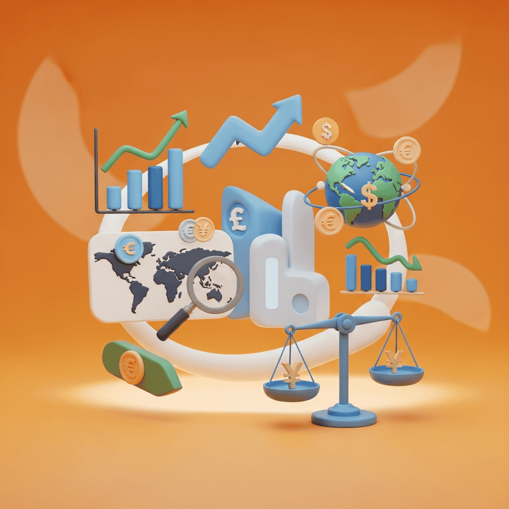 Illustration colorée représentant des concepts financiers avec des graphiques et des symboles de devises internationales, notamment dollar, euro, livre et yen, sur fond orange, évoquant la gestion des risques de change et stratégies internationales.