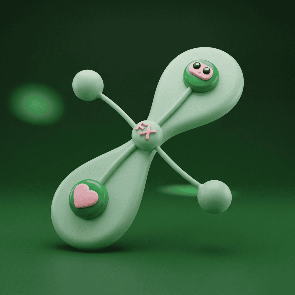 Illustration graphique abstraite verte représentant une forme moléculaire avec des détails doux et amusants, dont un cœur rose et le sigle 'FX', sur un fond vert. Utilisé pour le podcast Ambriva sur la gestion du risque de change et les stratégies internationales.