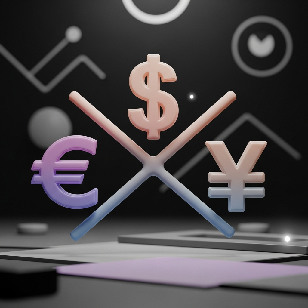 Symboles monétaires internationaux, euro, dollar, et yen, flottant dans un environnement abstrait, illustrant les thèmes de gestion du risque de change et des stratégies internationales.
