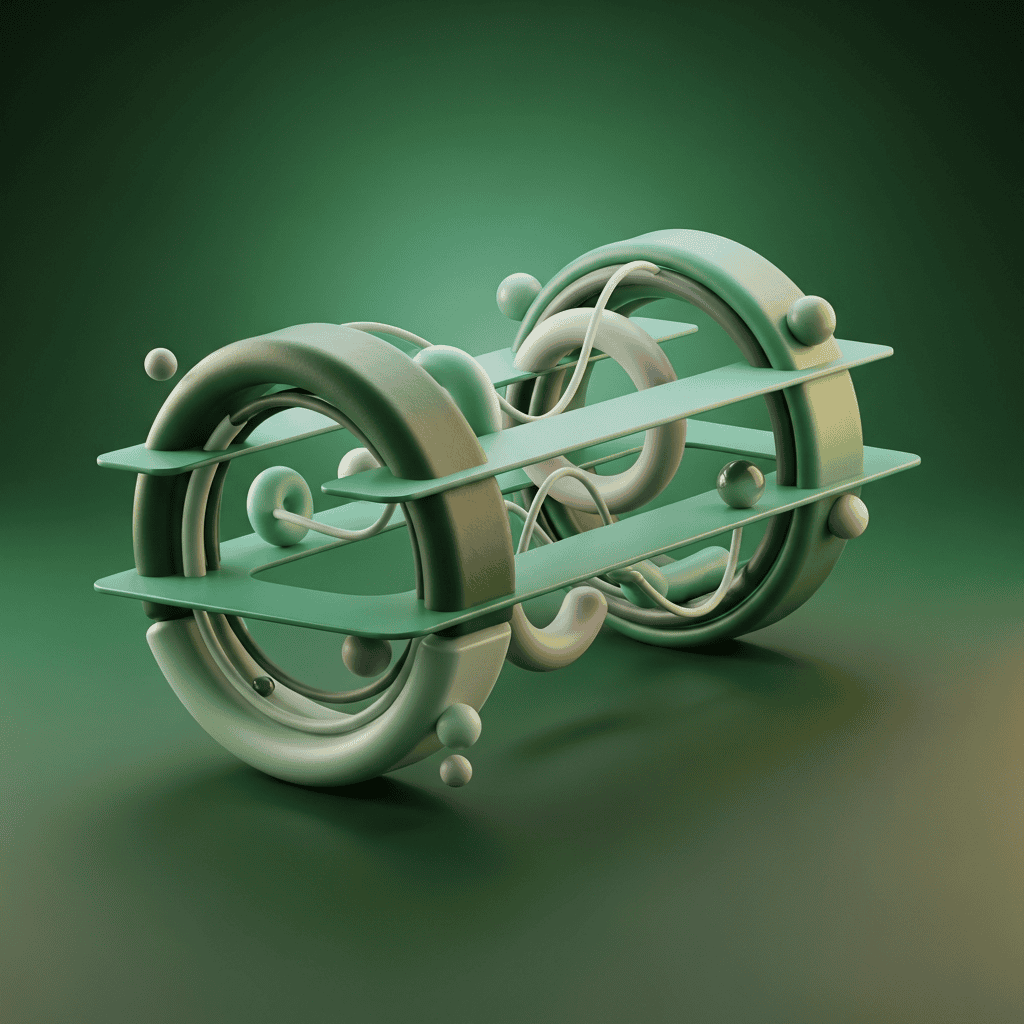 Illustration abstraite avec une structure géométrique complexe sur fond vert, symbolisant les concepts de gestion du risque de change et de stratégies internationales discutés dans le podcast Ambriva.