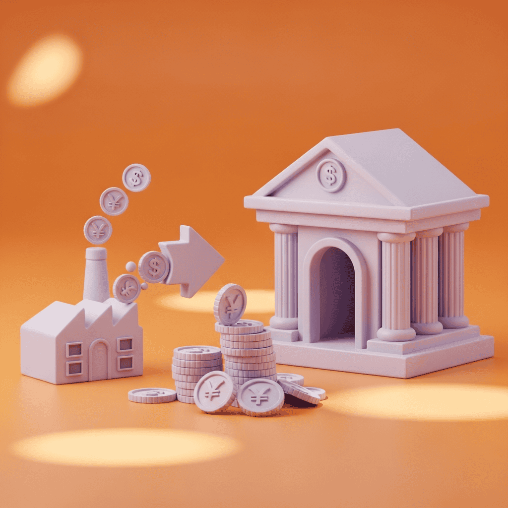 Illustration 3D montrant une usine avec des pièces de monnaie et une flèche pointant vers un bâtiment de style bancaire, symbolisant la gestion du risque de change et les stratégies financières internationales.