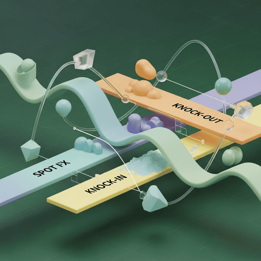 Illustration conceptuelle de stratégies financières complexes avec des éléments en 3D, indiquant des termes financiers comme 'SPOT FIX', 'KNOCK-IN', 'KNOCK-OUT' en rapport avec le risque de change et la gestion internationale.
